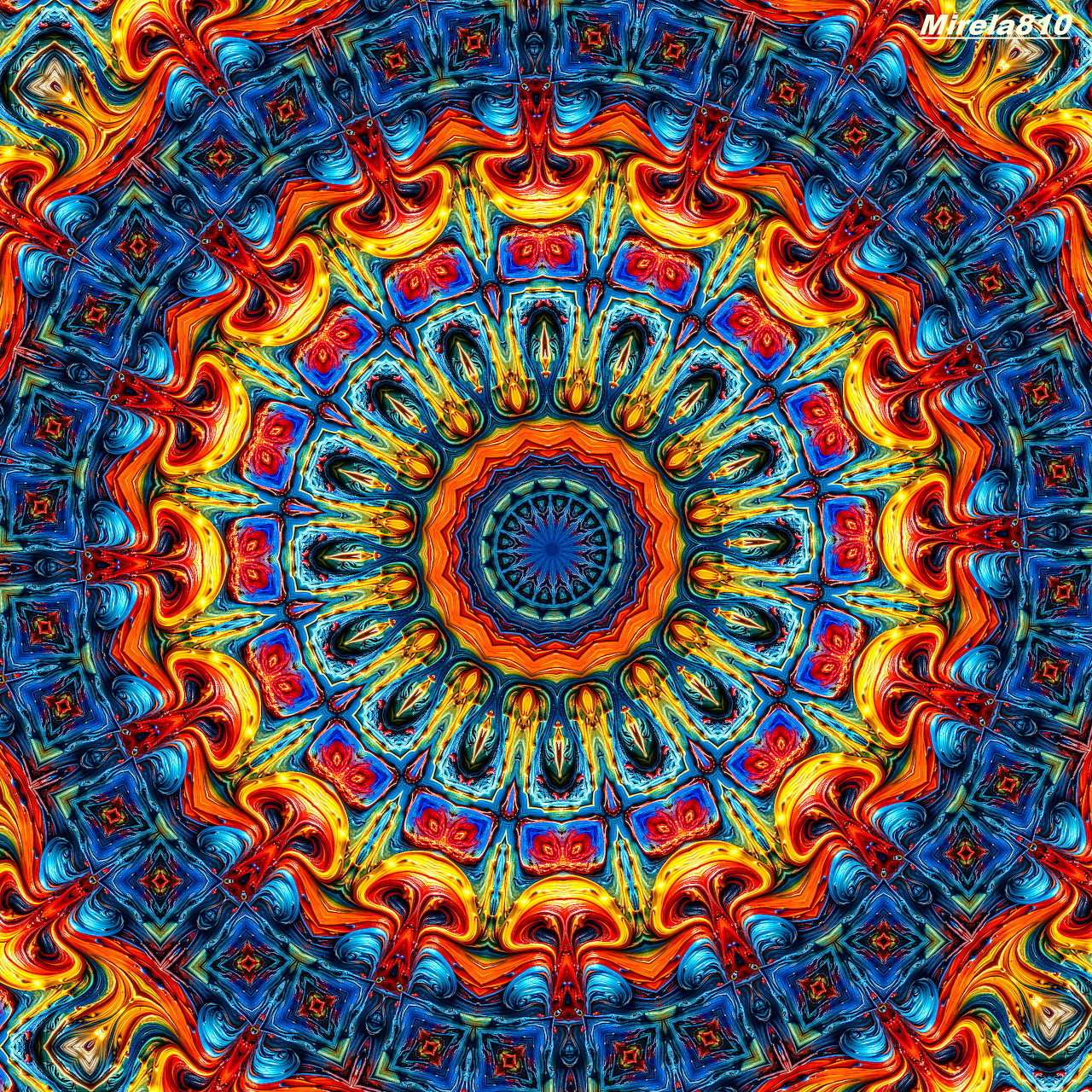 Colorful symmetrical mandala with concentric circles of orange, blue, and yellow geometric patterns