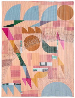 Abstract geometric quilt artwork with circles, triangles, and arcs in pastel and bold colors
