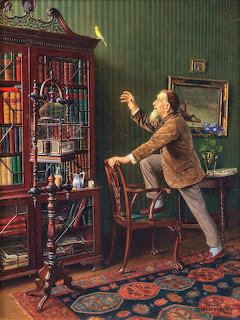 Elderly man in brown jacket reaching up to ornate birdcage in Victorian interior with red furniture and green walls