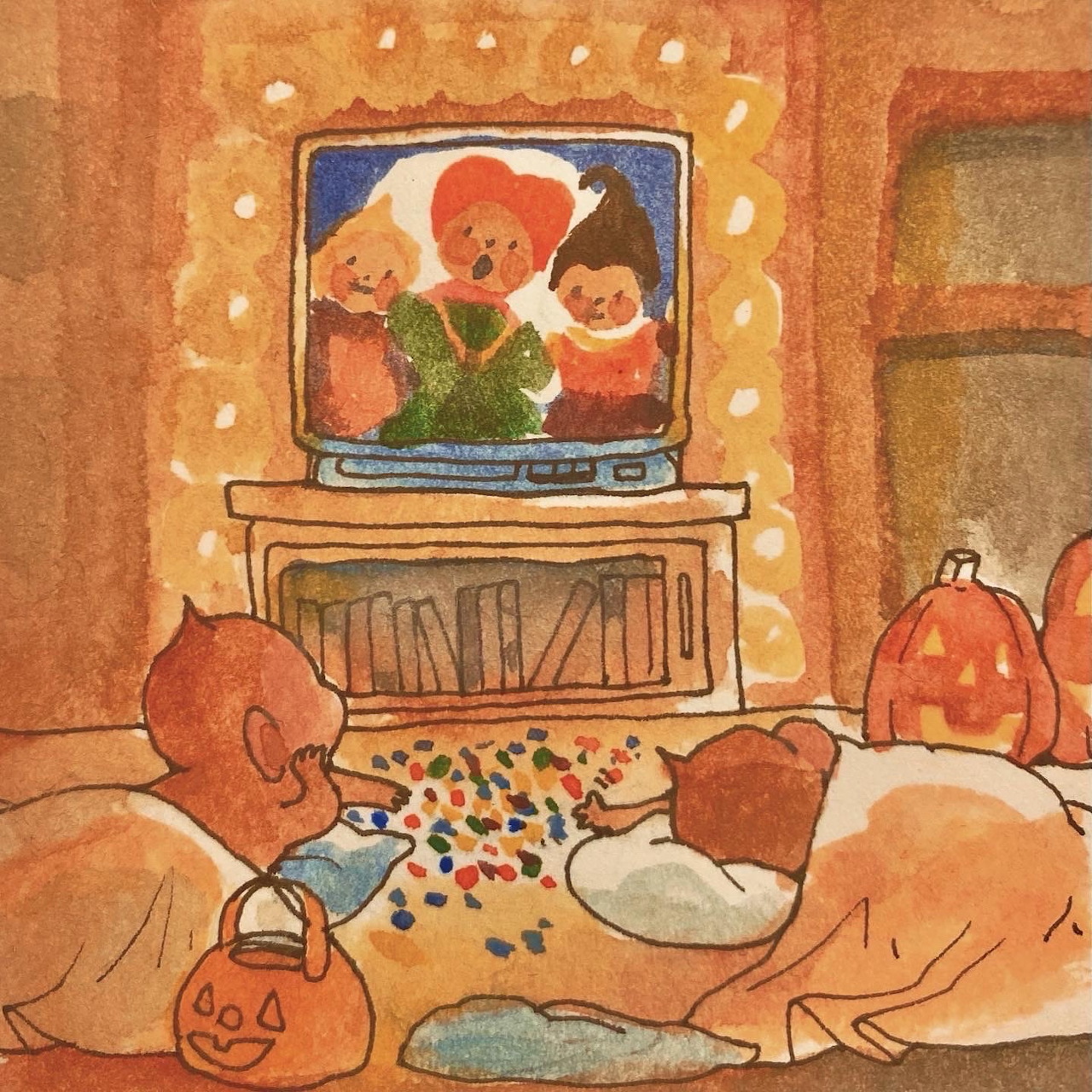 Watercolor illustration of a child watching Halloween kids on TV with candy and pumpkins nearby