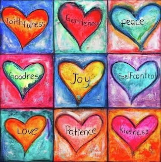 Nine colorful hearts in grid squares with inspirational words like love, joy, peace, goodness, patience, and kindness