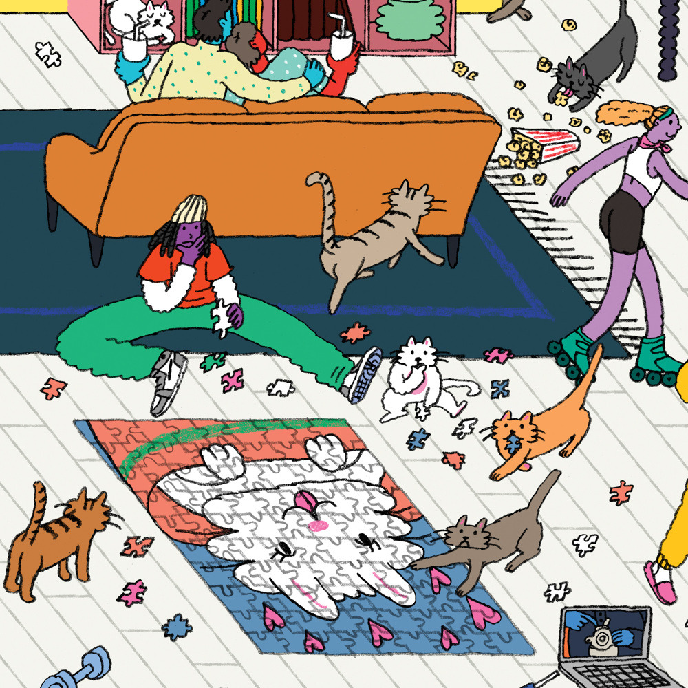 Cartoon living room with several cats, an orange sofa, and partially visible people
