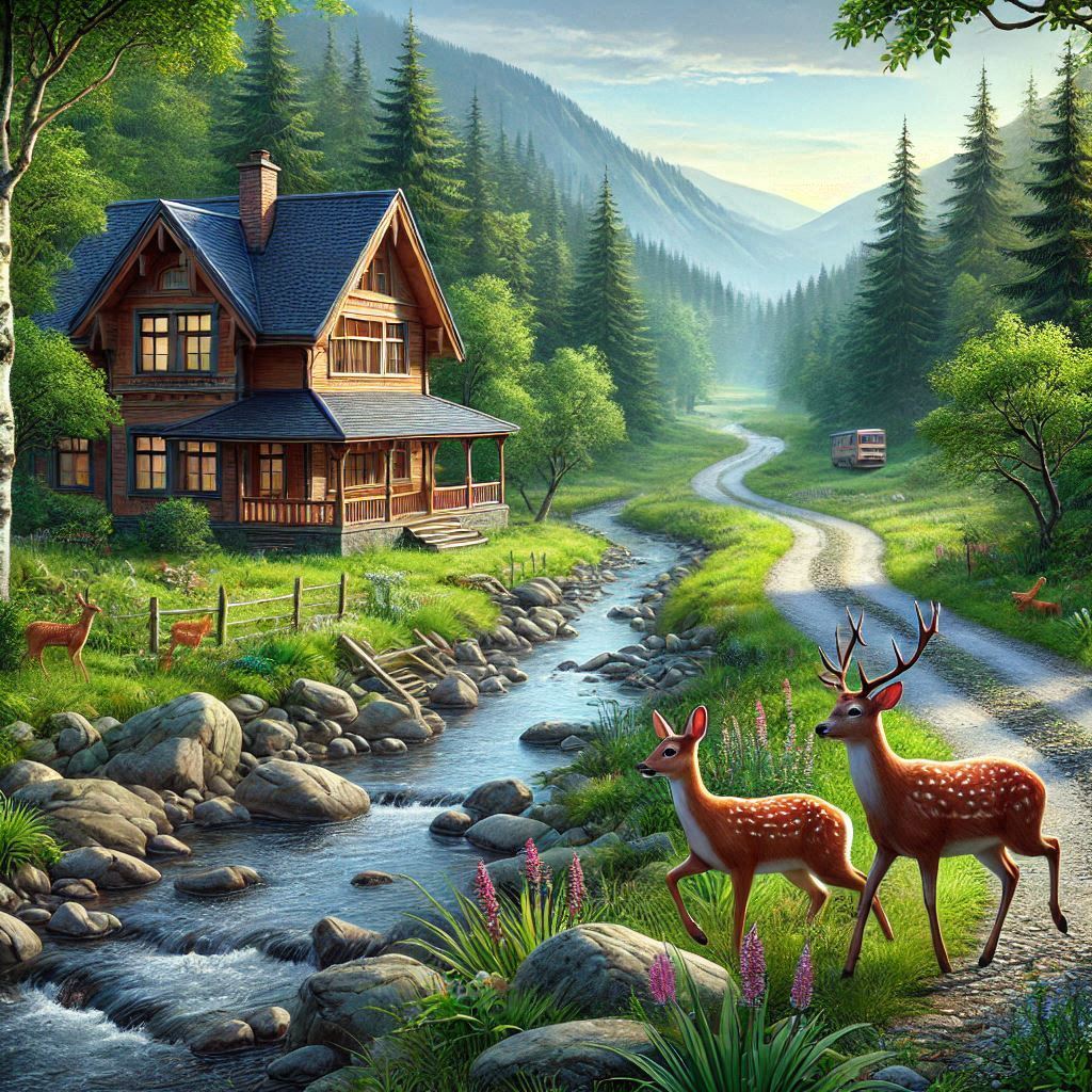 Cabin by a forest stream with two deer, pine trees, and distant mountains
