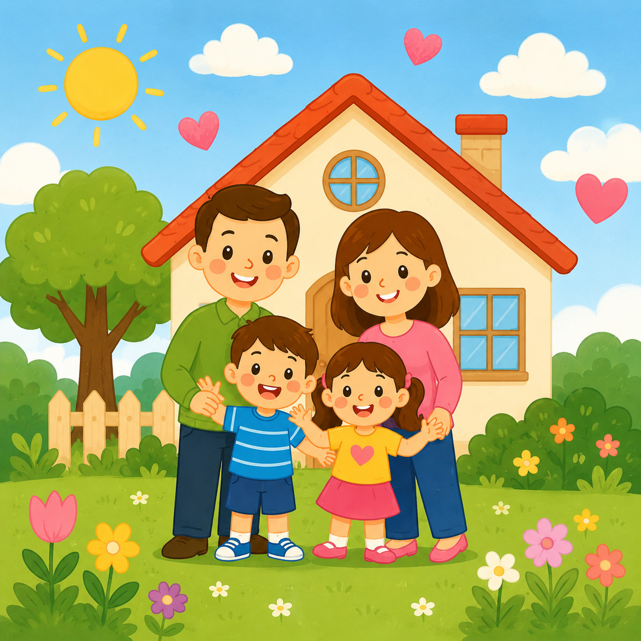 Cartoon family of four parents and two children smiling in front of house with garden