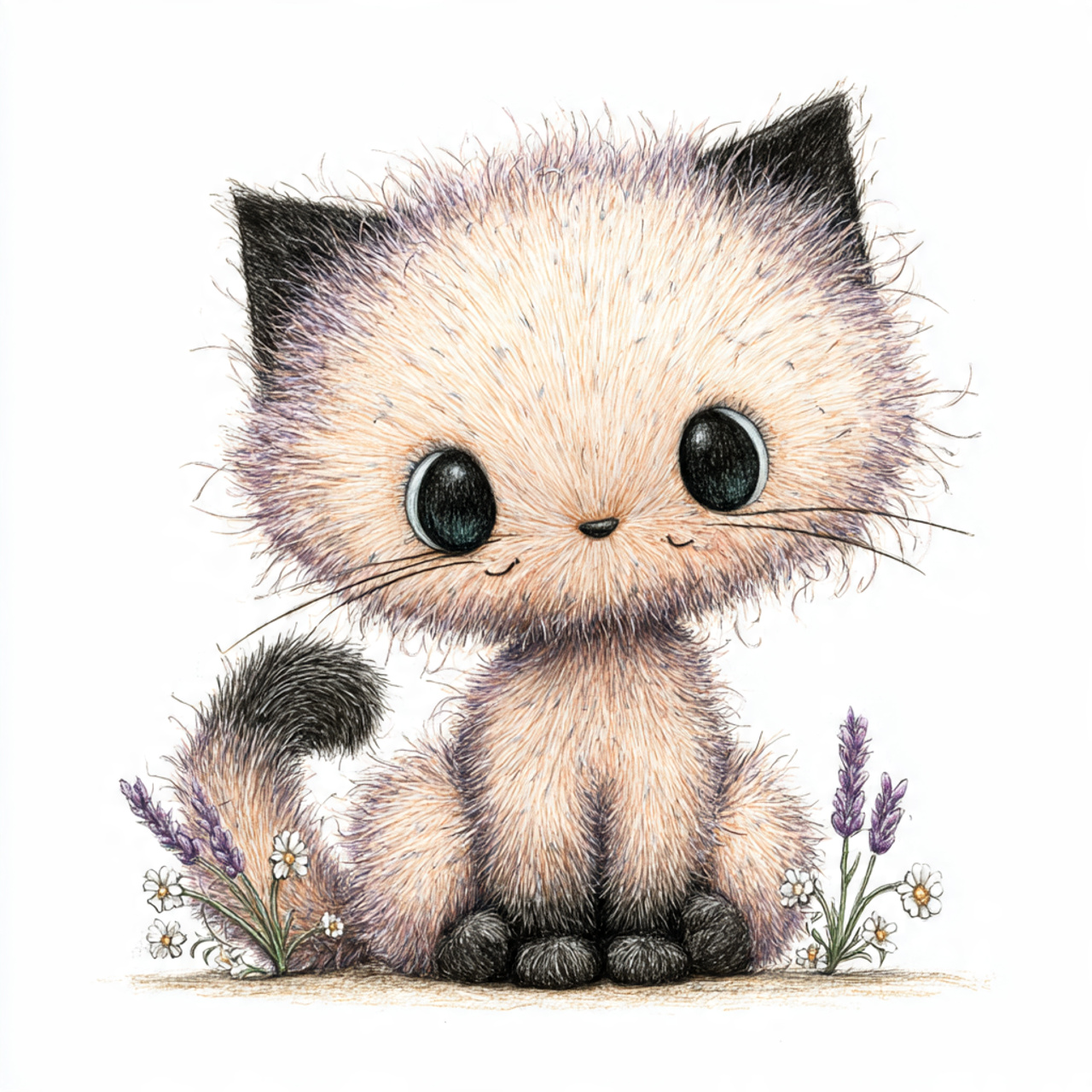 Illustrated fluffy kitten with large eyes sitting beside small purple flowers