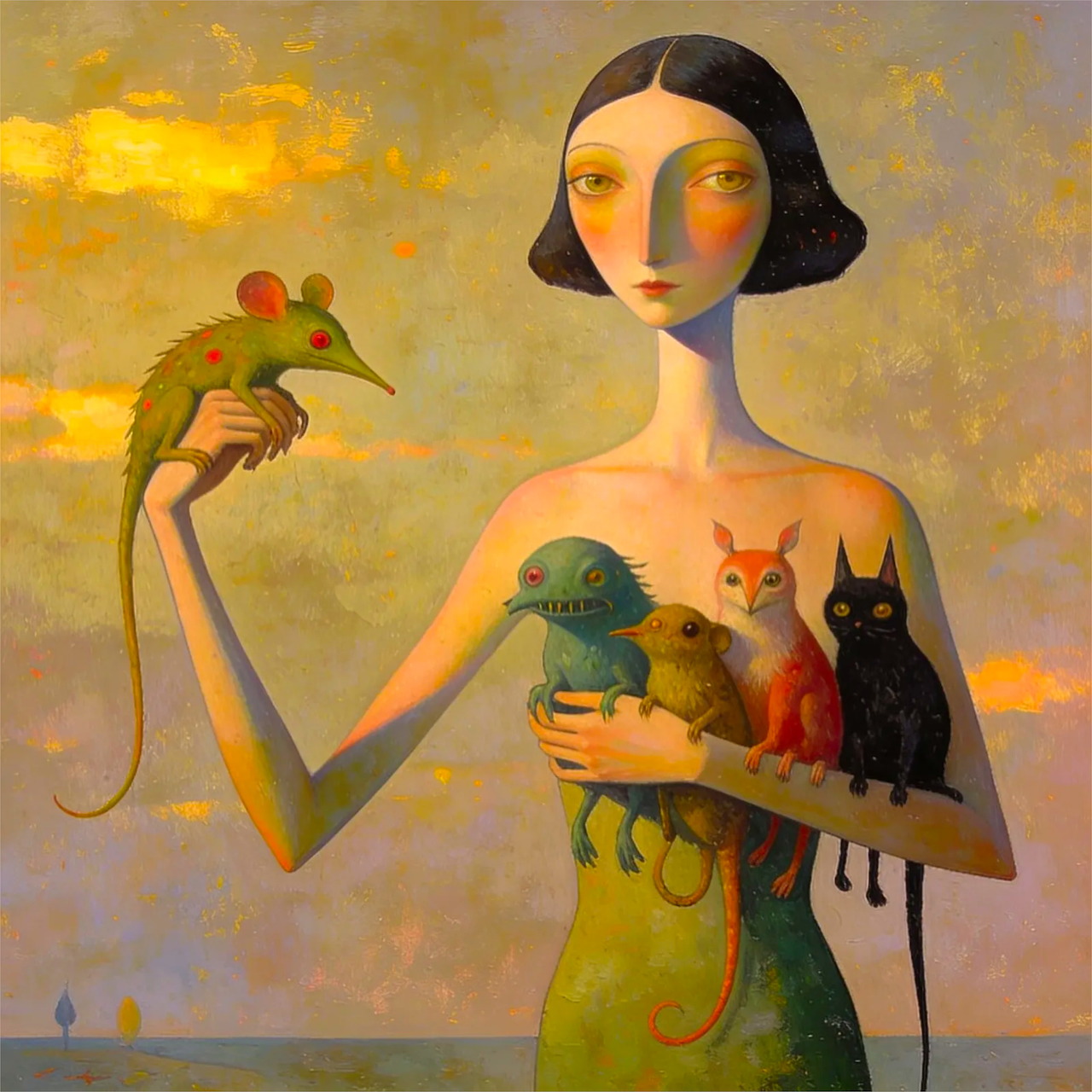 Stylized woman in yellow dress holding colorful birds including parrots and a black cat