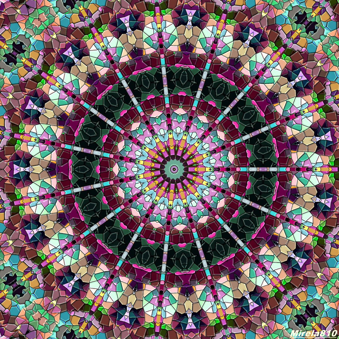 Radial mandala with intricate colorful geometric patterns in concentric circles