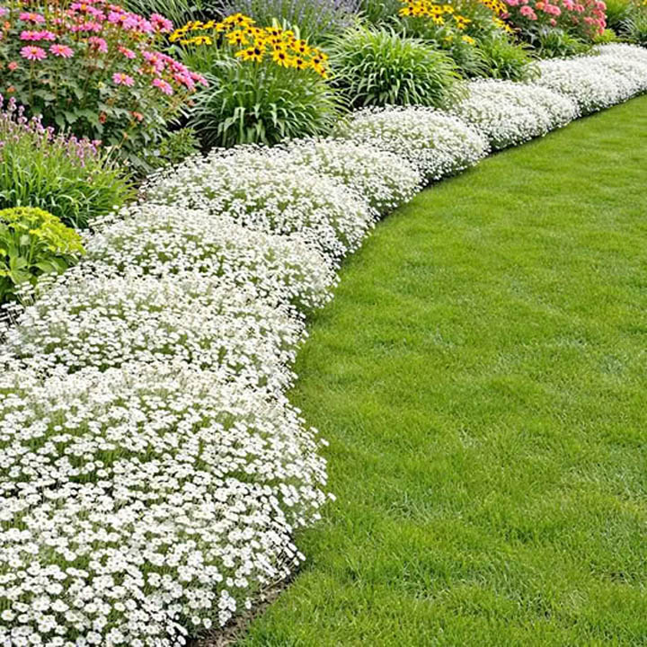 White alyssum flower border curving along a green lawn in a garden