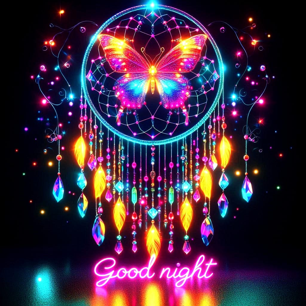 Luminous neon butterfly in dreamcatcher circle with hanging colorful beads and feathers, 'Good night' text below