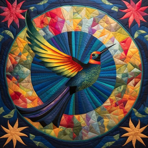 Colorful quilted hummingbird in flight with rainbow wings on a circular patchwork background with star motifs