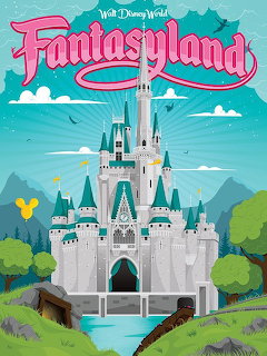Illustrated white Disney castle with blue turrets surrounded by trees and water under cloudy sky
