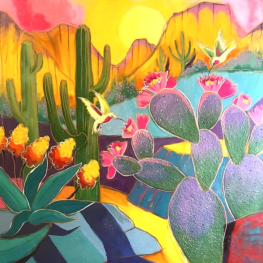 Colorful painted desert scene with cacti, flowers, mountains, and hummingbirds