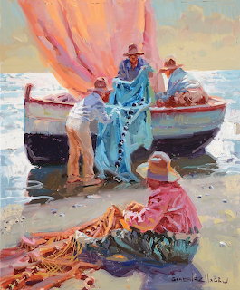 Painting of fishermen handling colorful fishing nets beside boats on a beach