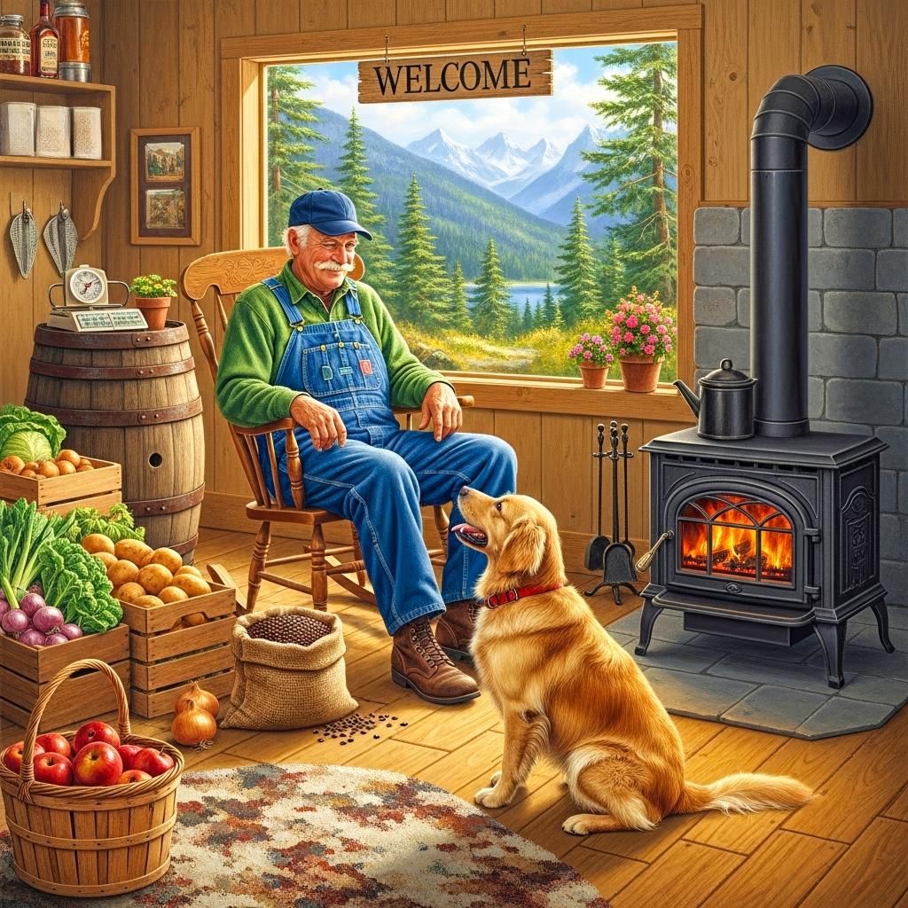 Elderly man in blue overalls sitting with golden retriever dog in rustic wooden cabin with wood stove and harvest vegetables