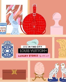 Illustrated pink shelves with a red Louis Vuitton bag, Dalmatian figurines, blue ginger jar, and luxury decor items