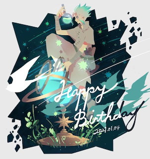 Anime character Senku Ishigami birthday illustration with geometric shapes and plants on dark background