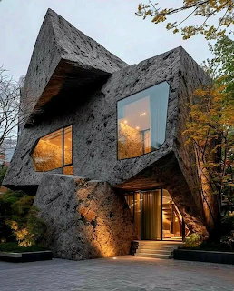 Modern angular house with textured stone facade and illuminated windows at twilight