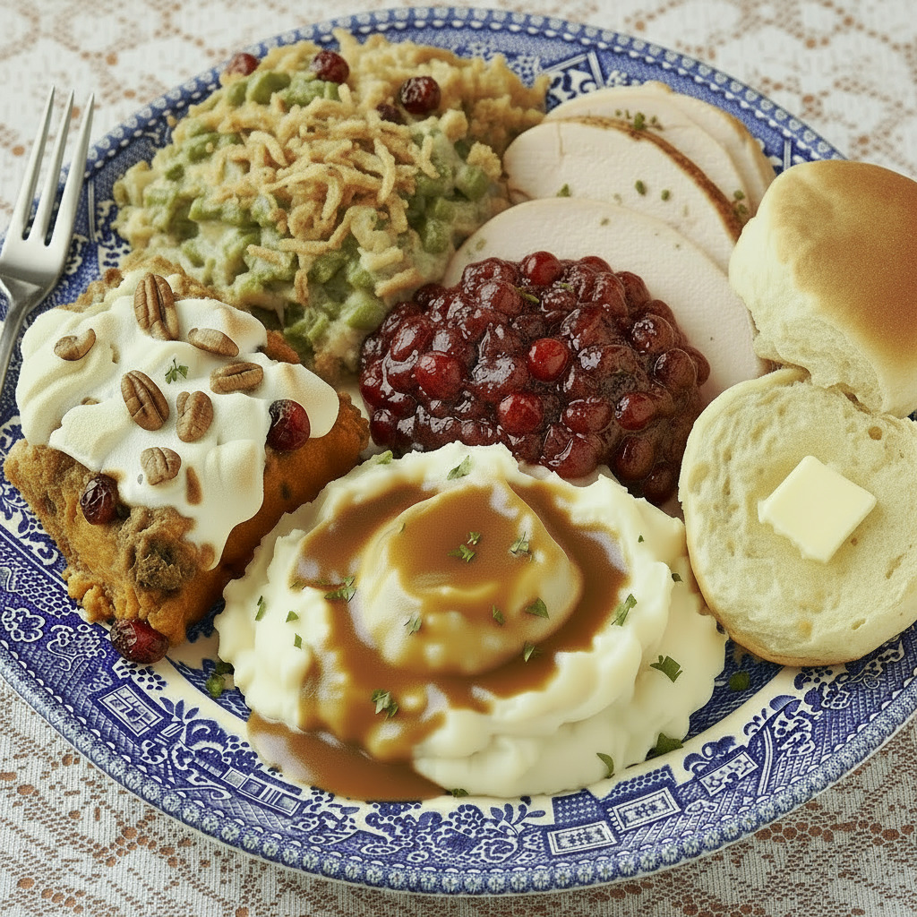Thanksgiving dinner plate with turkey, sides, cranberry sauce, and rolls on blue patterned plate