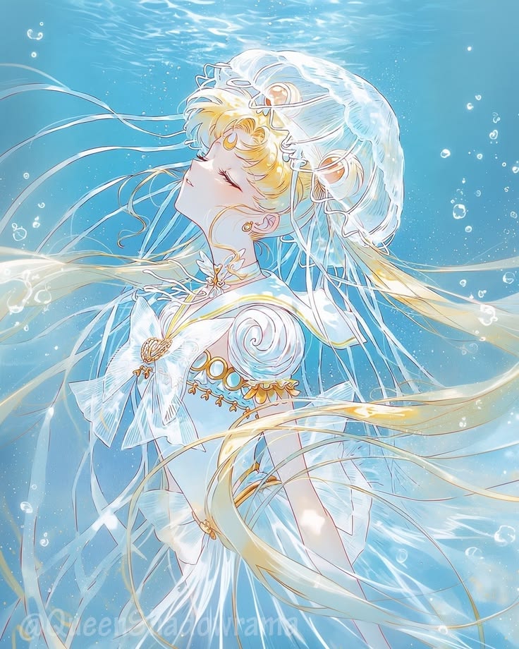 Anime illustration of Sailor Moon in a white dress floating underwater with bubbles and flowing blonde hair