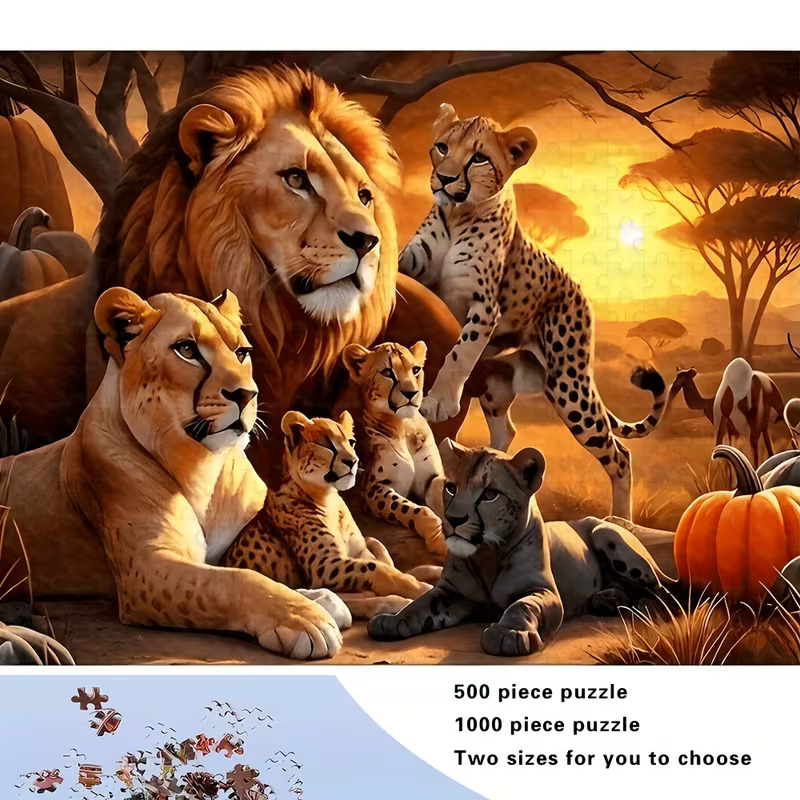 Illustration of a lion family with cubs in an African savanna at sunset