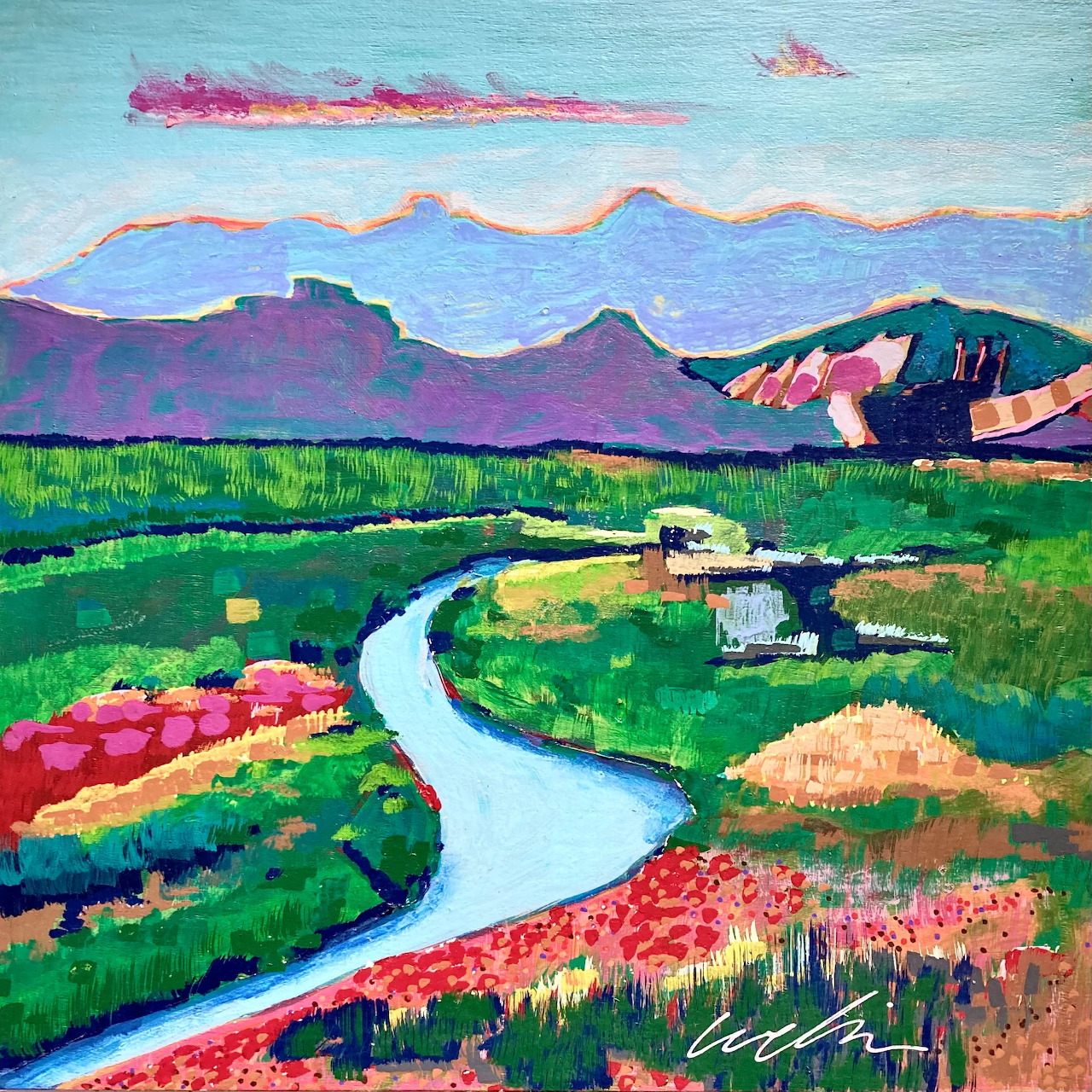 Colorful painting of river winding through spring landscape with mountains and wildflowers in bold brushstrokes