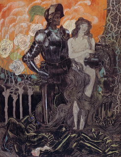 Art Nouveau painting with two figures surrounded by flowing decorative patterns and swirling organic forms