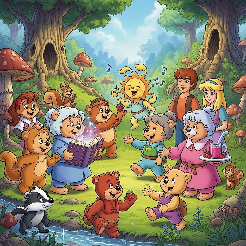 Cartoon animals and children in a forest clearing with trees, mushrooms, music notes, and a tea tray