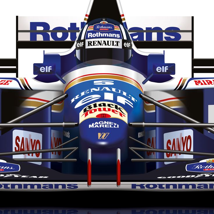 Front view of 1996 Williams Renault Formula 1 car with blue Rothmans livery and prominent sponsors