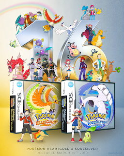 Pokémon Gold and Silver game boxes surrounded by colorful Generation II Pokémon characters including Ho-Oh and Lugia