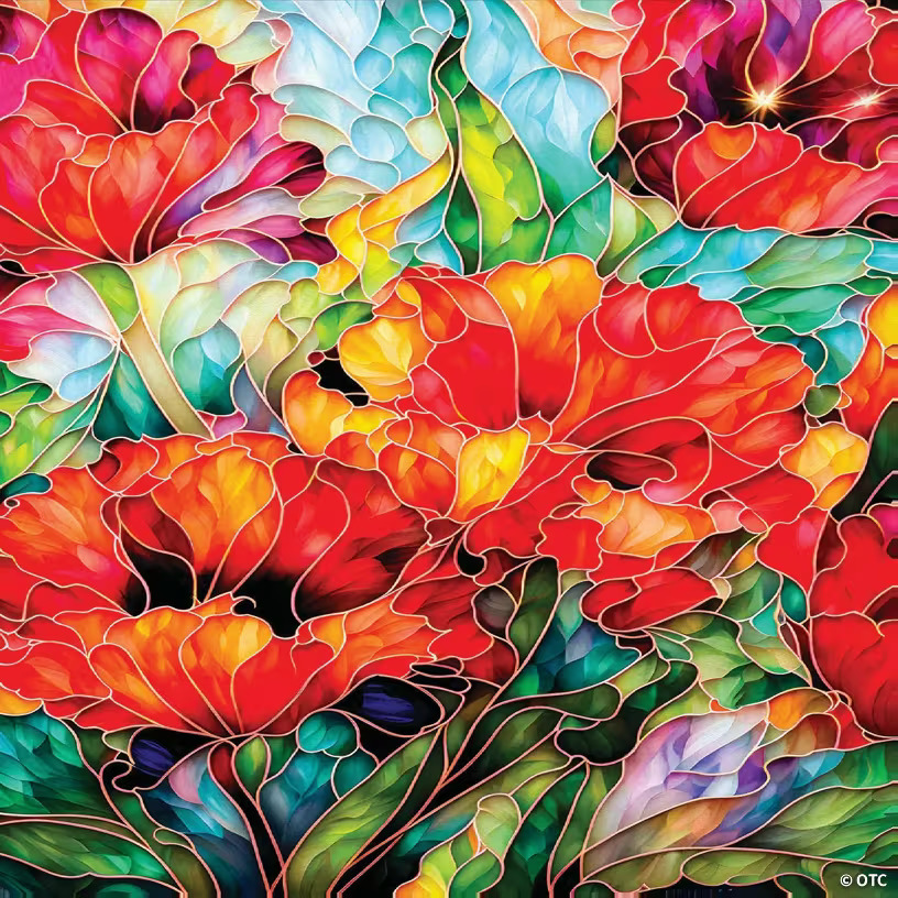 Vibrant red, orange, yellow and blue tulips with flowing petals in artistic illustration style