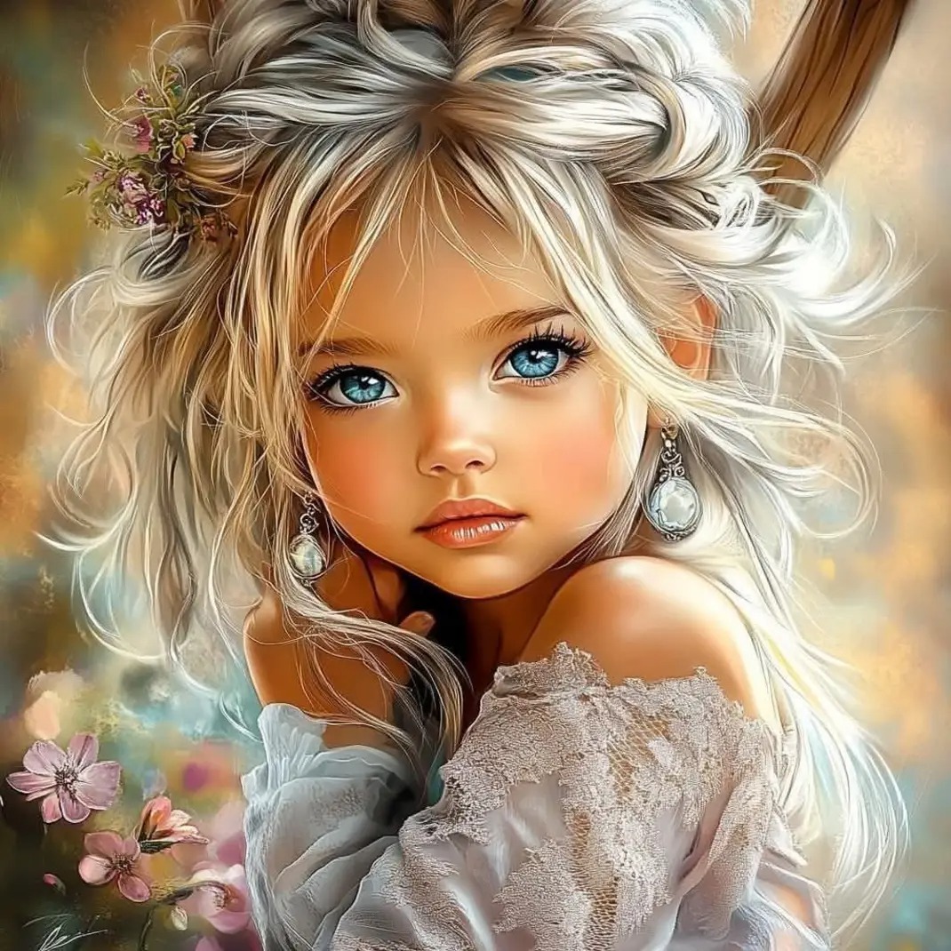 Digital portrait of a blonde young girl with blue eyes, floral hair accents, and a lace off-shoulder dress