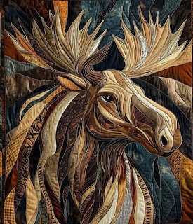 Quilted fabric art of a moose head with antlers in brown and tan tones against dark background