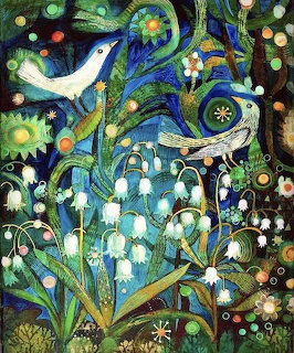 Colorful painting of two birds among blue flowers and swirling leaves on a dark background