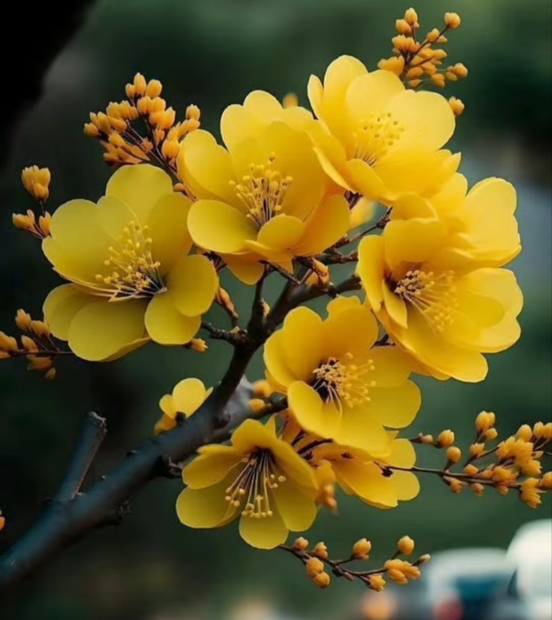Cluster of bright yellow apricot flowers bloming on a gray branch with unopened buds