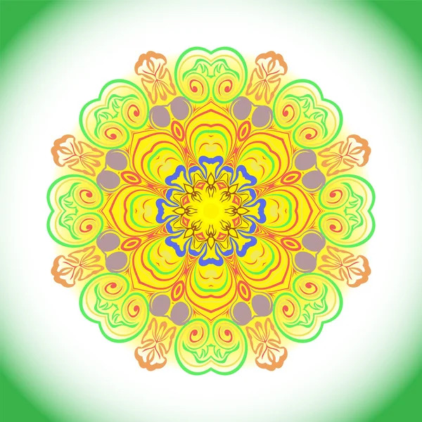Circular mandala with yellow center, green petals, and ornate symmetrical patterns radiating outward on white background