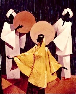 Stylized figurative painting with warm tones and decorative patterns by Hussein Bicar