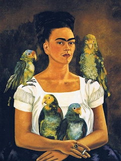 Portrait painting of Frida Kahlo with four parrots on her shoulders and in her hands, wearing white blouse