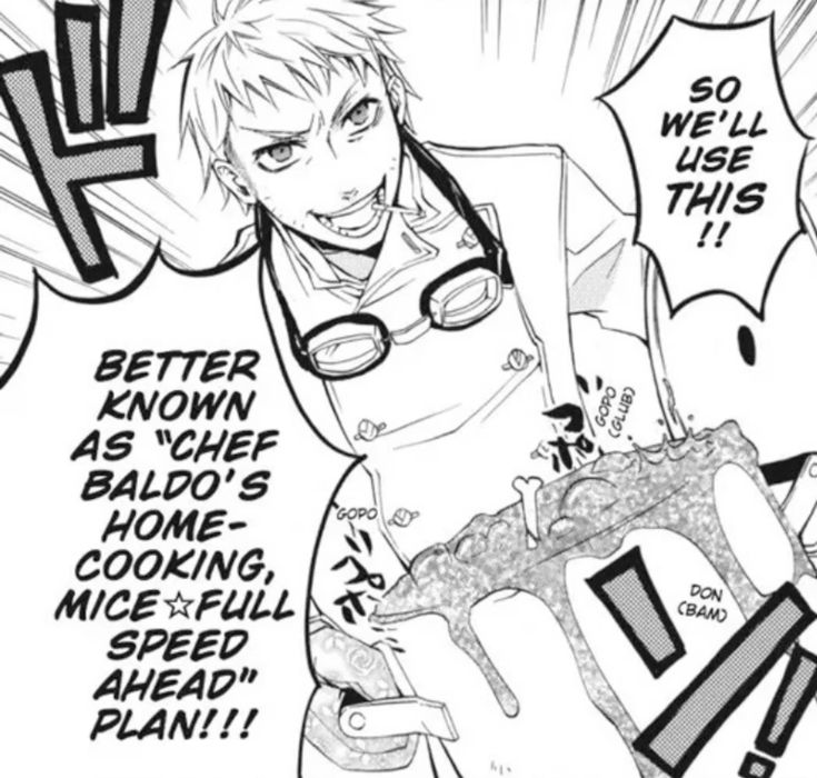 Manga panel of Baldroy character with glasses and cigarette in dynamic pose with speech bubbles