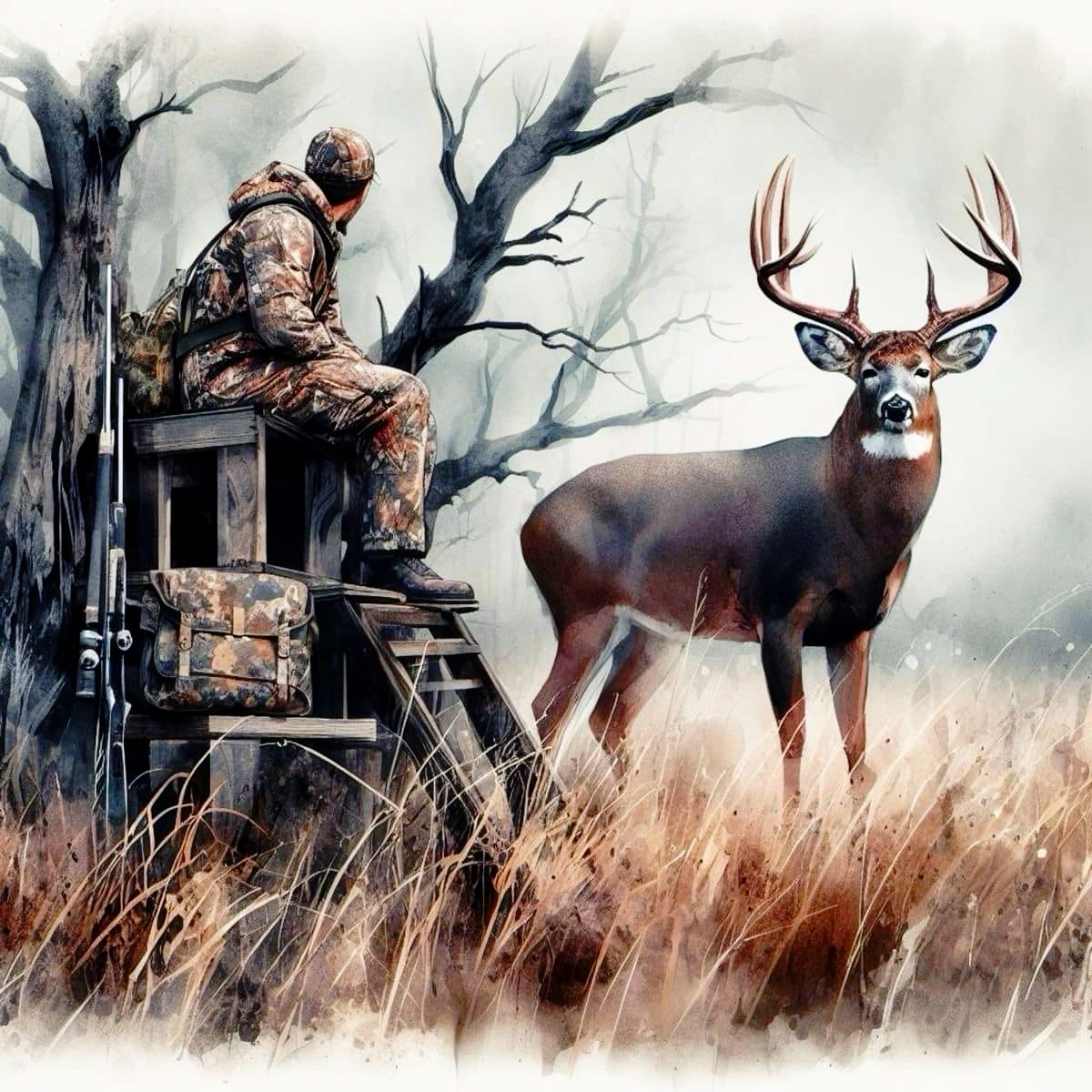 Hunter in a tree stand with a rifle watching a buck in a grassy field
