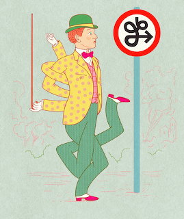 Illustrated dapper man in yellow polka-dot suit and green bowler hat dancing next to a road sign