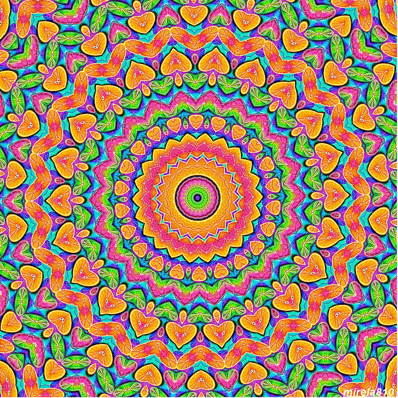 Colorful mandala with rainbow hearts and geometric patterns in concentric circles radiating from yellow center