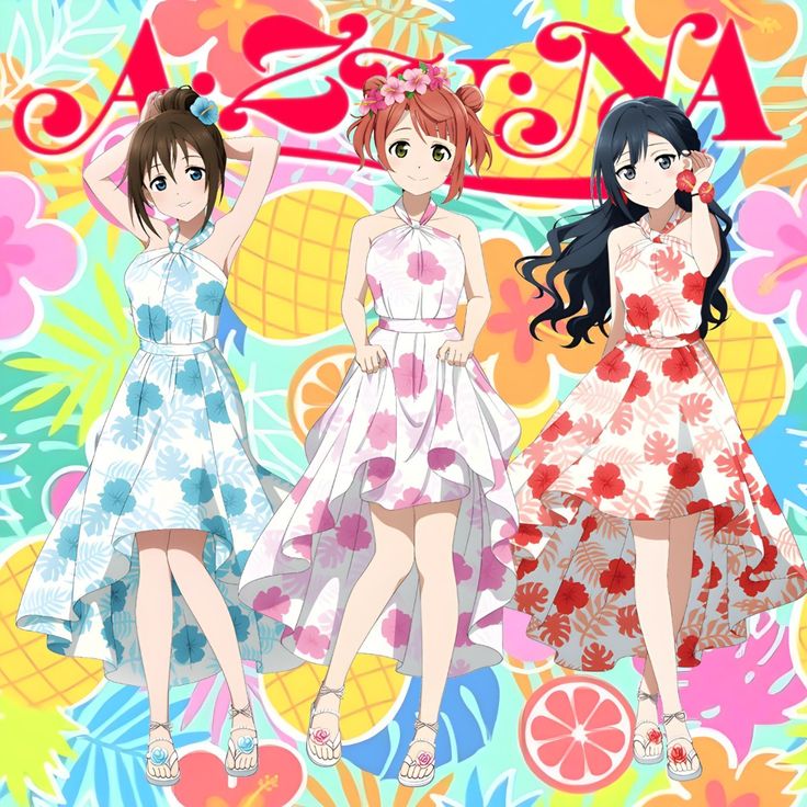 Three anime girls in white dresses with floral patterns against a colorful tropical background
