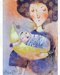 Stylized illustration of mother holding baby in gentle embrace with ornate floral hair decoration