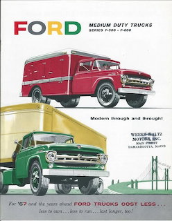 Vintage ad with red and green 1957 Ford medium duty trucks illustrated on a white background.