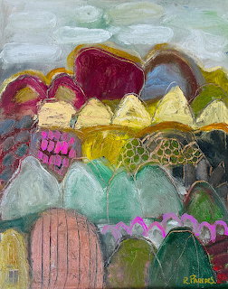 Abstract painting of layered colorful hills with textured brushstrokes in folk art style