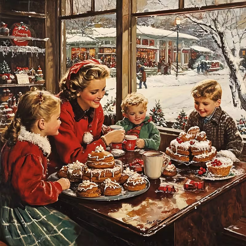 Vintage 1950s painting showing family baking and decorating Christmas cookies by snowy window