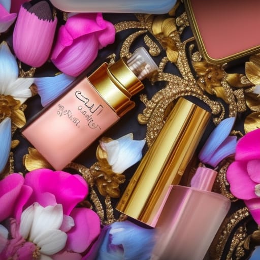 Gold cosmetic bottles with pink tulips and white flower petals on decorative golden tray