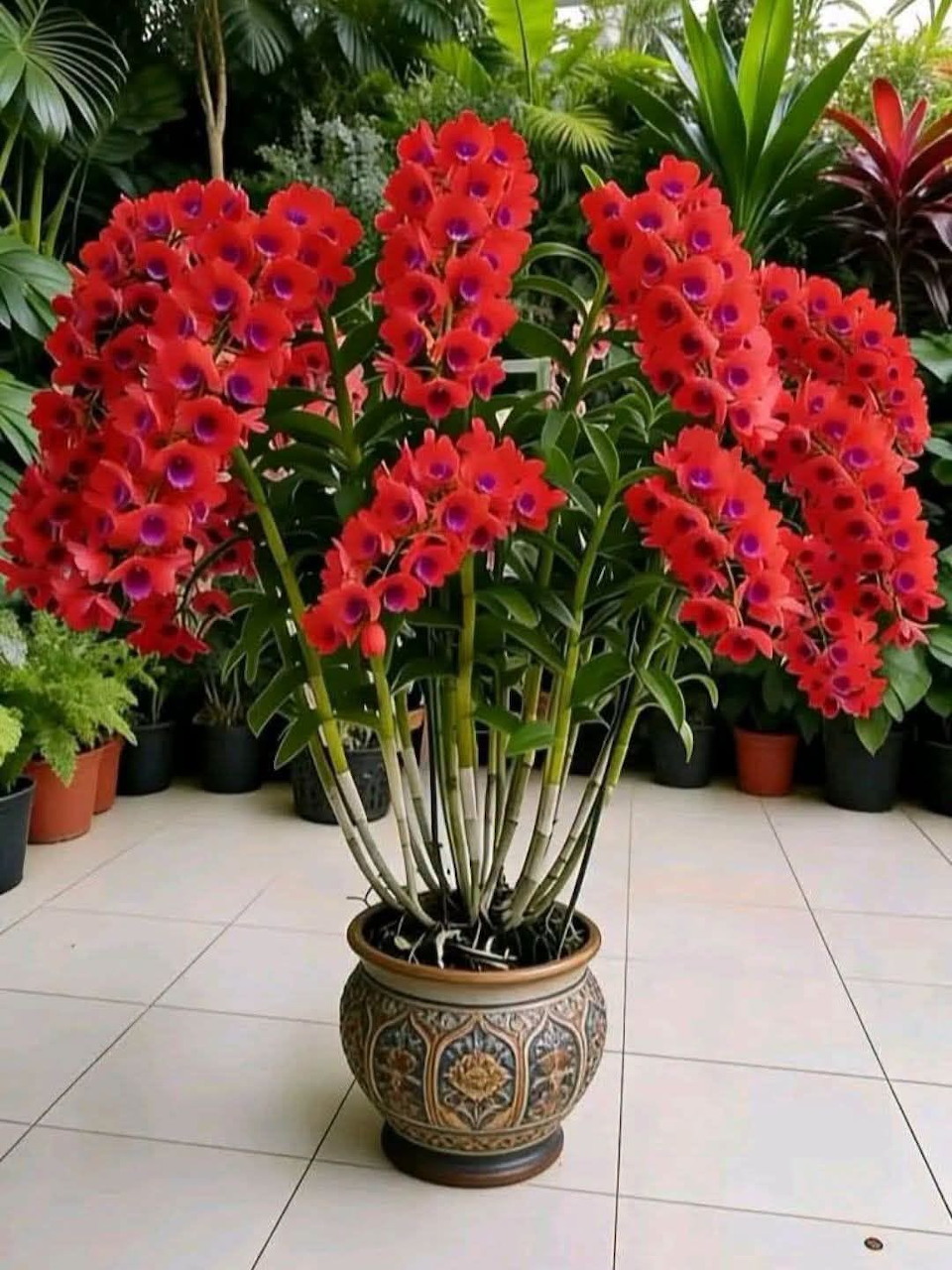 Red orchid flowers in a decorative pot on a tiled floor with green plants behind