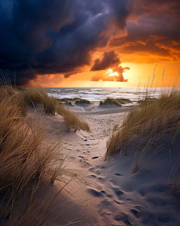 Sandy path through beach dunes toward ocean under dramatic orange and blue sunset sky