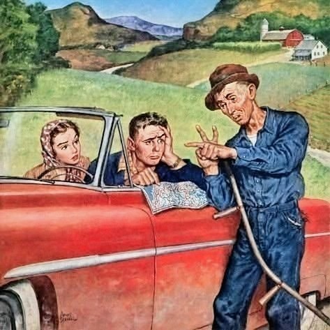 Vintage illustration of a mechanic giving directions to a couple in a red convertible car in a rural setting